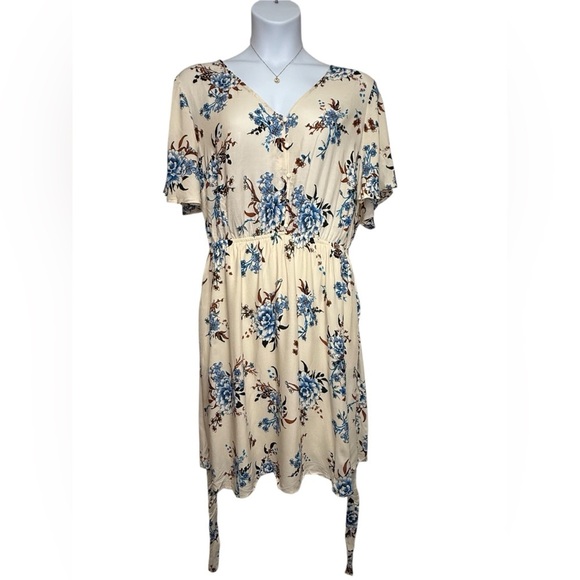 Flying Tomato Plus Size Dress Knee Length Cream Blue Brown Floral 1X 2X 3X - Picture 1 of 8